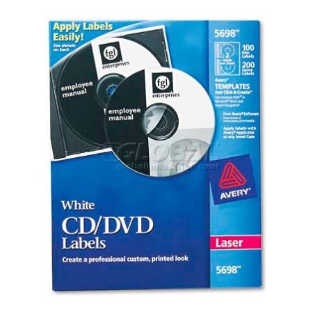 Avery Dennison Avery 5698 Laser CD/DVD Labels, Matte White, 100/Pack 5698